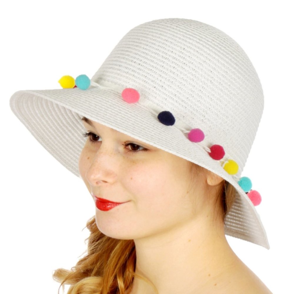 Summer Sunhat Wide Brim Boho Pompom White Floppy Bucket Hat